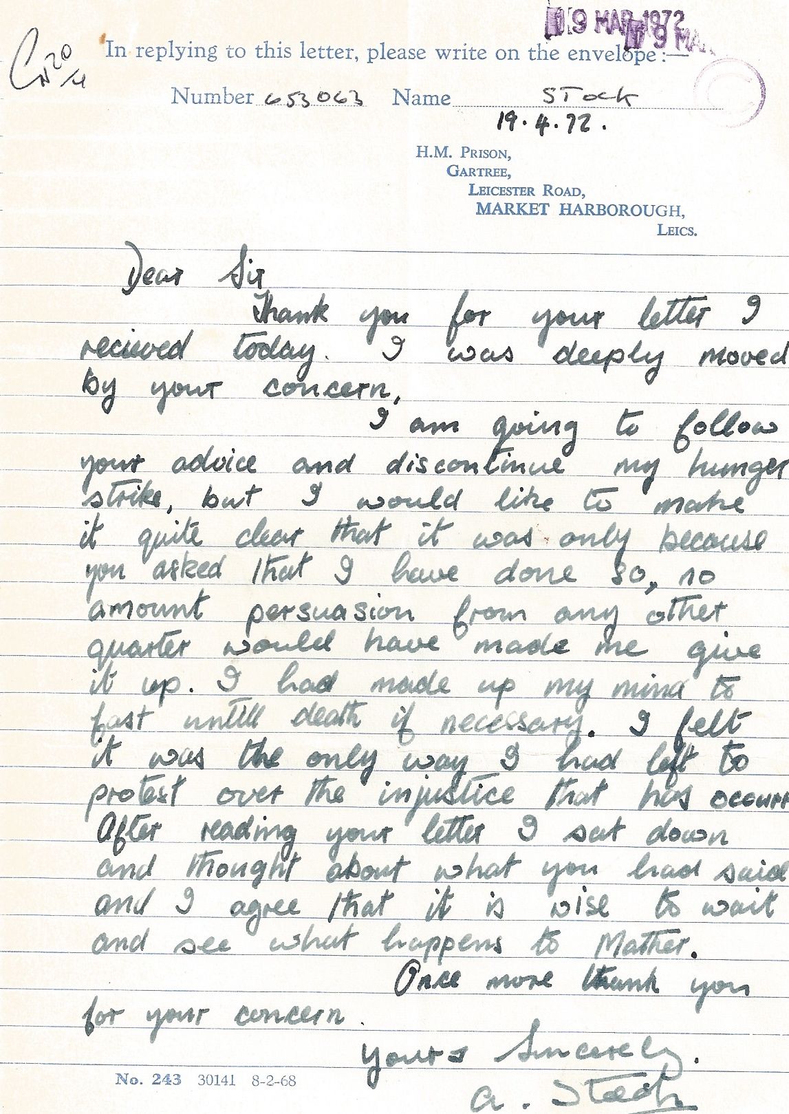 Tony Stock writes from HM Prison Gartree to Tom Sargant of JUSTICE, April 1972